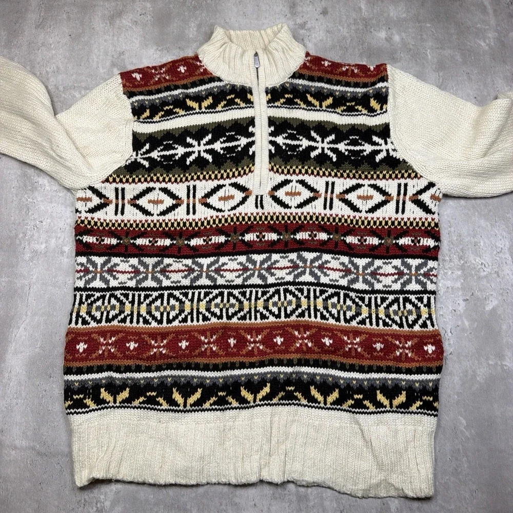 Vintage Style Izod Men's Fair Isle Nordic 1/4 Zip Ski Sweater Sz M Wool Blend